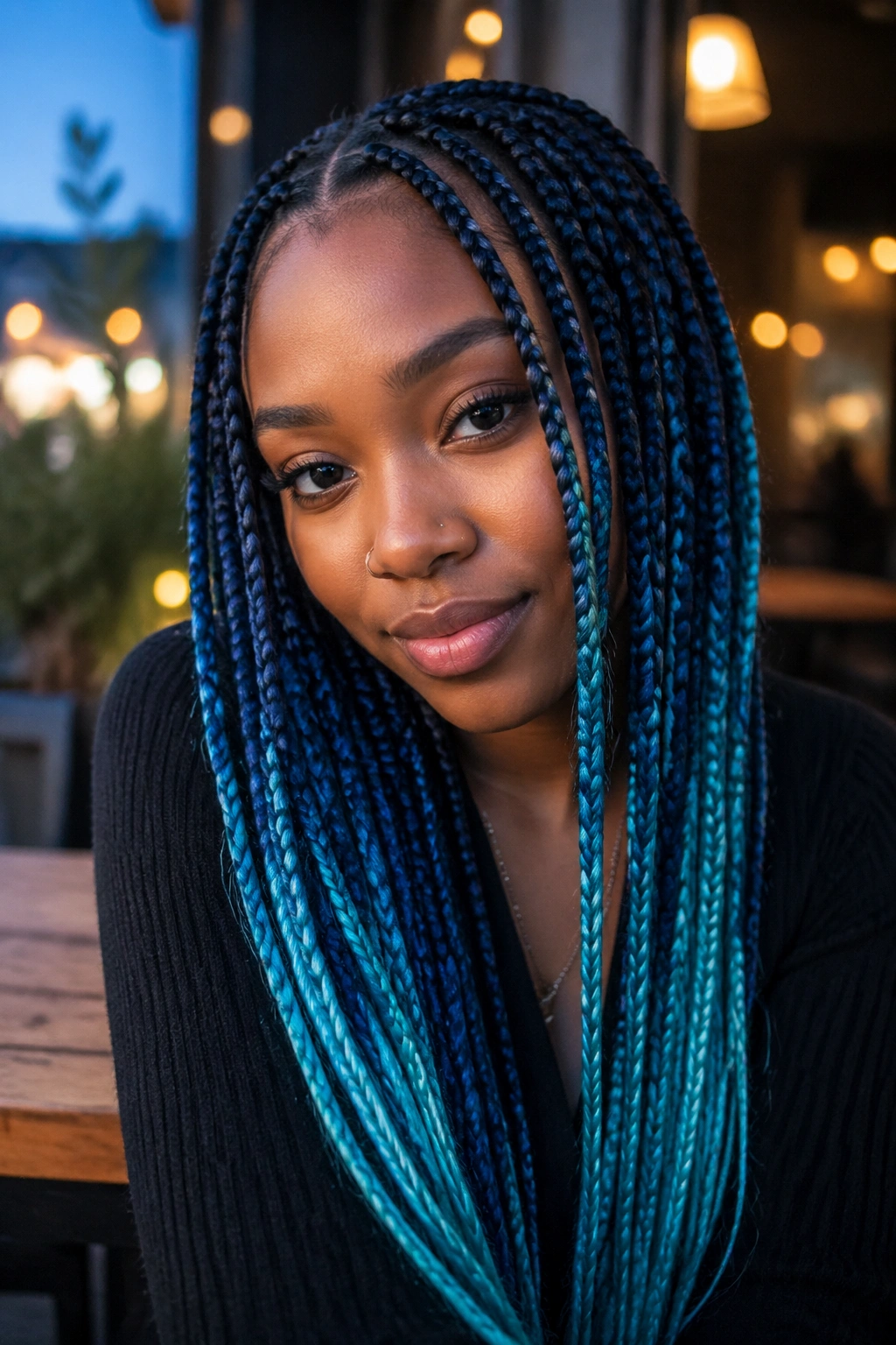 Midnight blue braids with teal and aqua accents on a real person