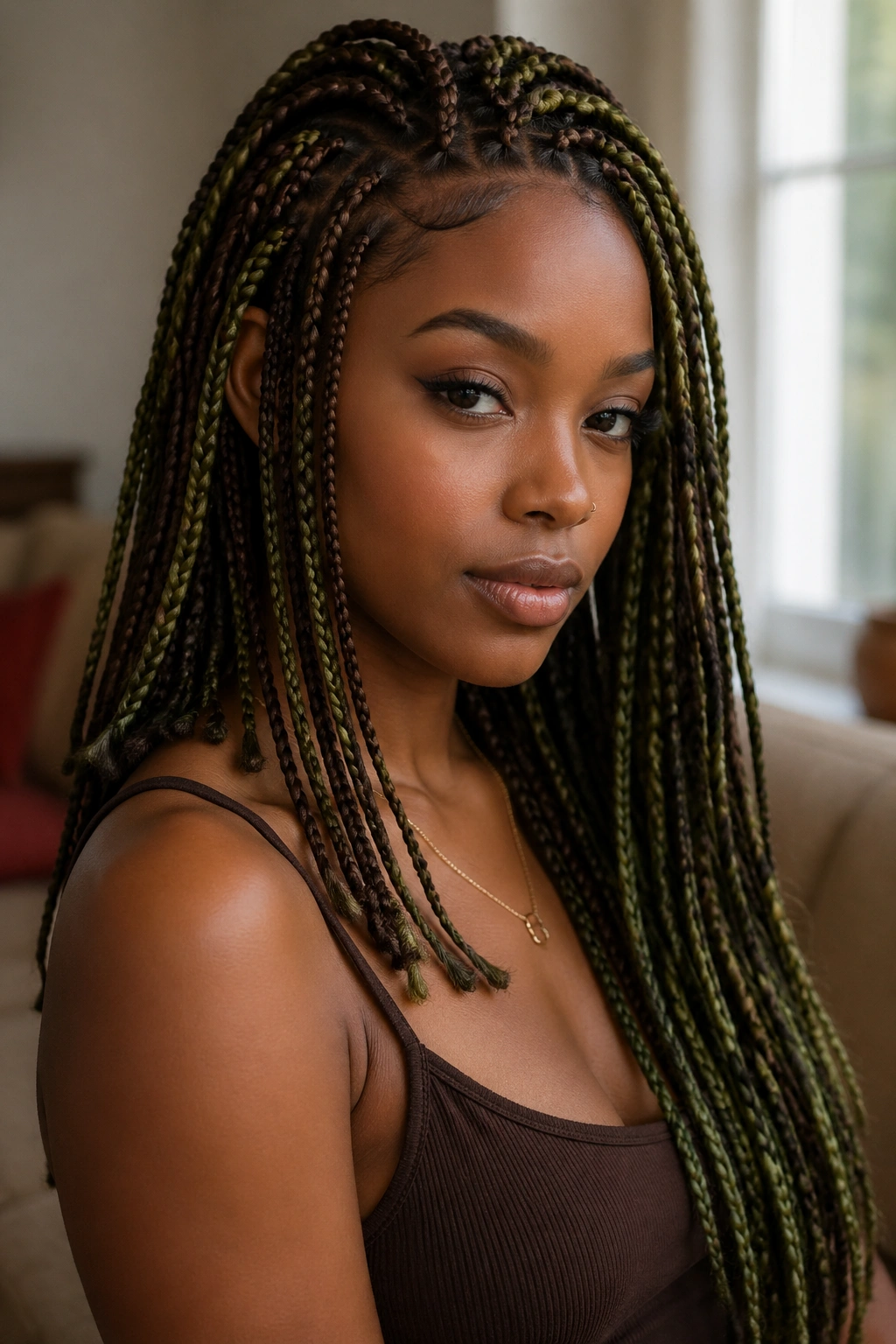 Close-up of a real person with mocha brown and moss green mixed-length box braids