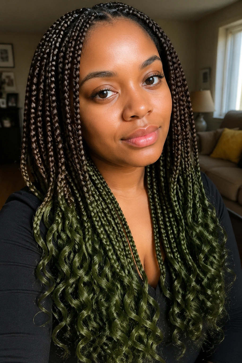 Close-up of a real person with brown box braids fading to moss-green curly ends