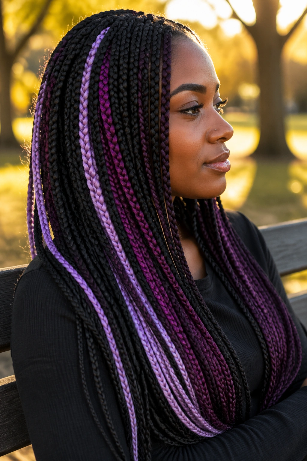 Braids with plum and lilac panels woven through black braids