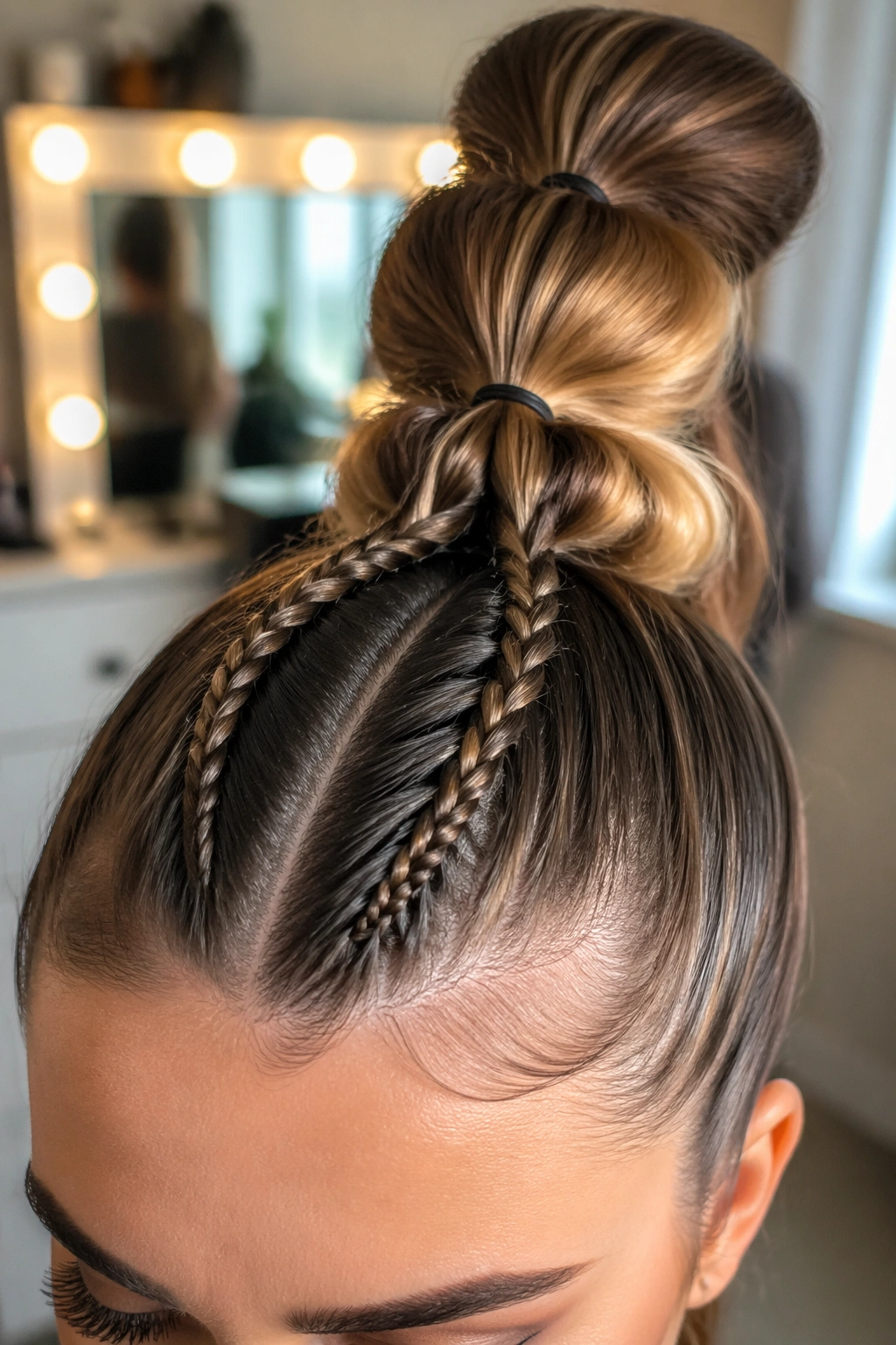 Close-up of bubble ponytail with tiny twin braids in a bedroom vanity.