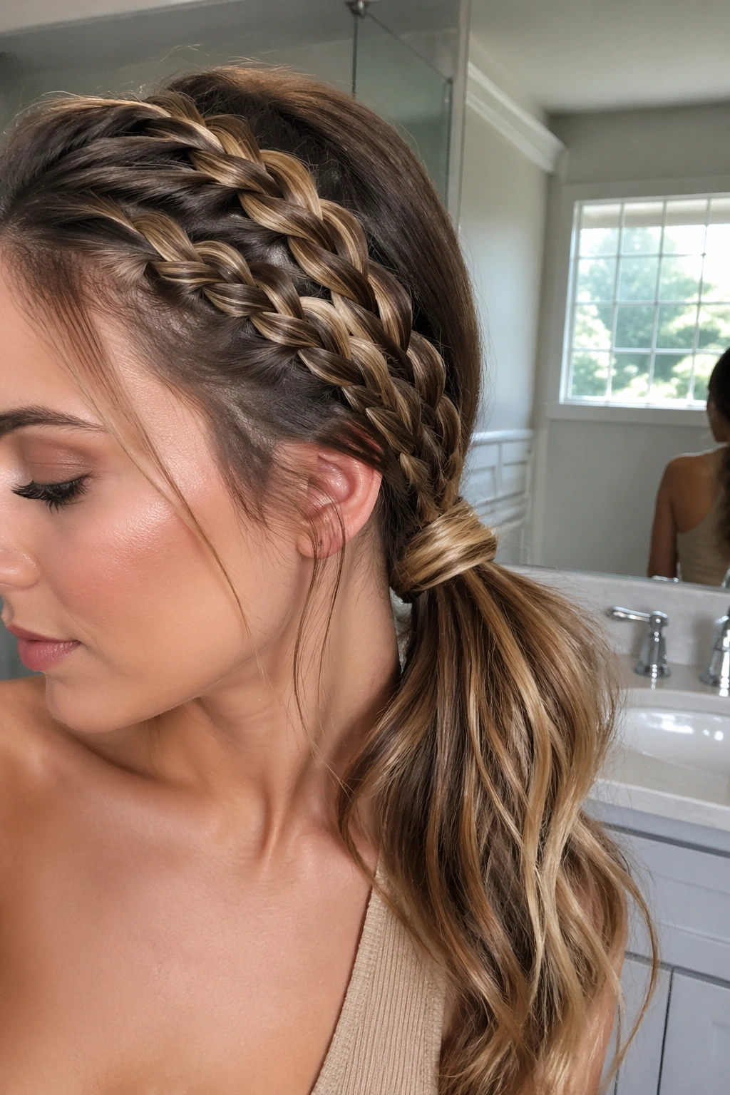 Close-up of twin braids with off-center ponytail