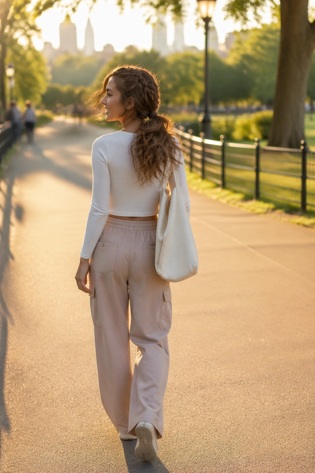 Wide shot of textured double braided ponytail in golden hour
