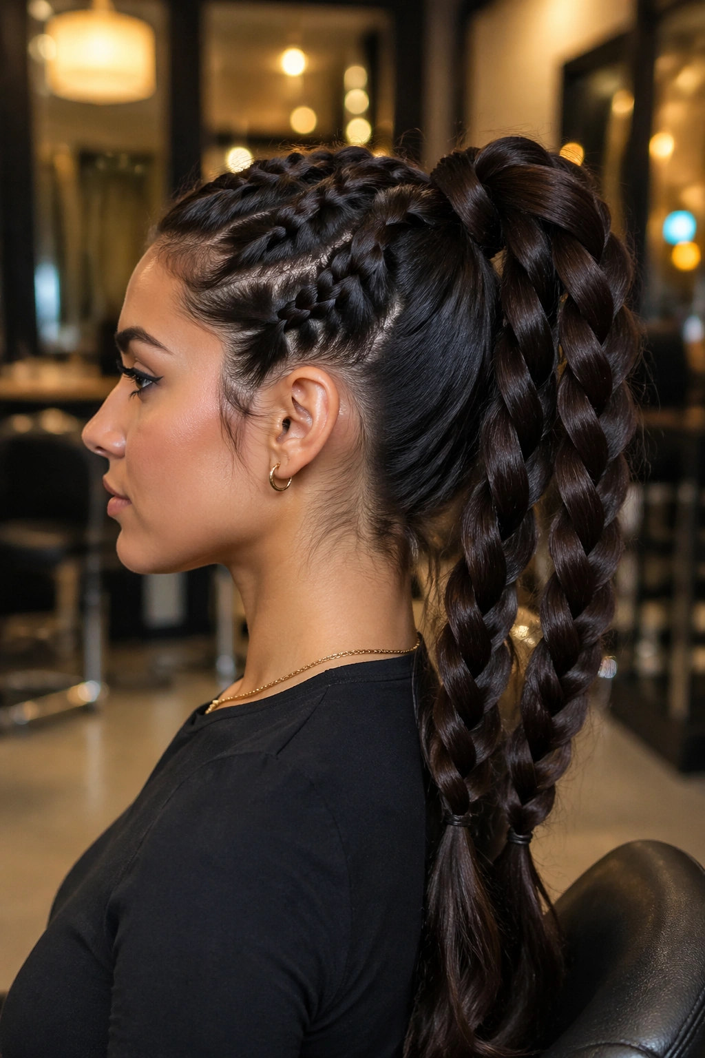 Side profile of chunky thick braids with high ponytail