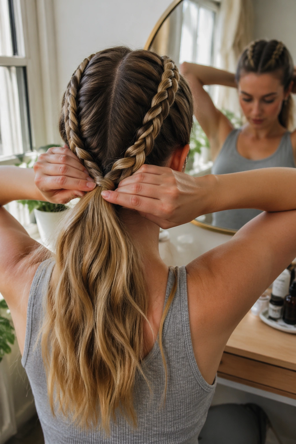 Mid-shot of rope braids forming a ponytail at vanity