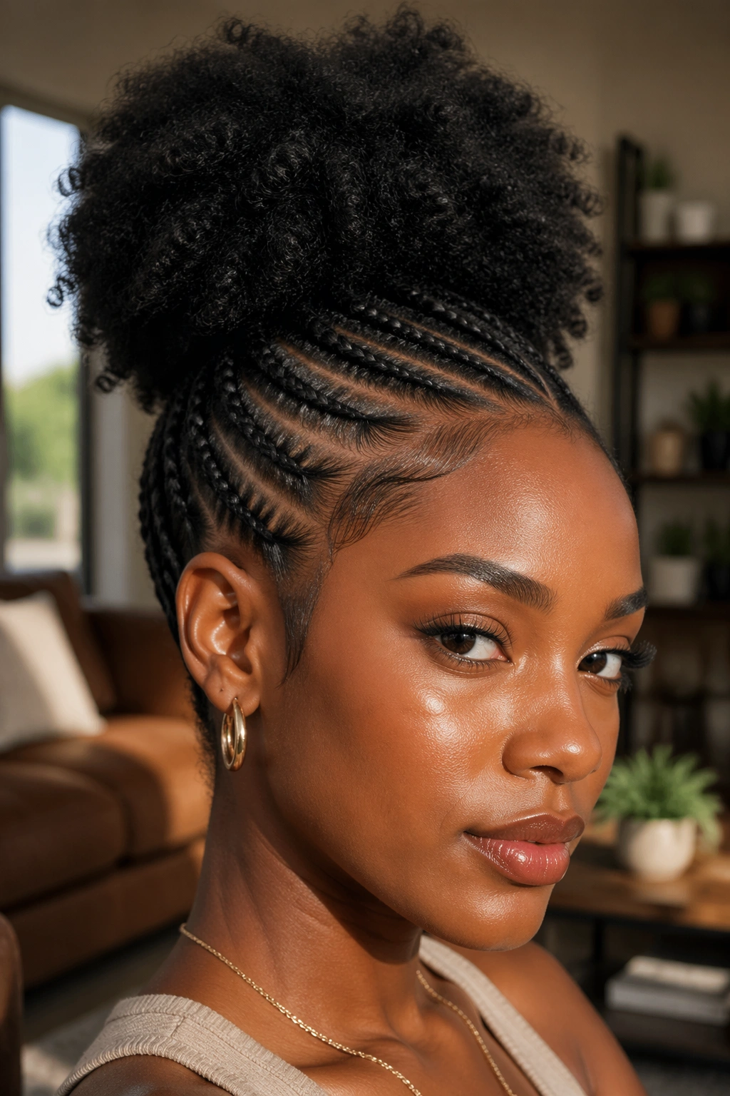 Close-up portrait of a real person with front cornrows and a high puff