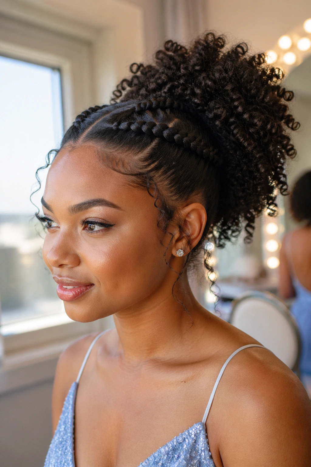 Portrait of a real woman with two front braids and a crown puff