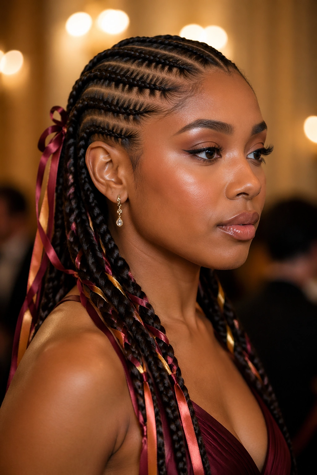 Eight braids with trailing ribbons on a real person