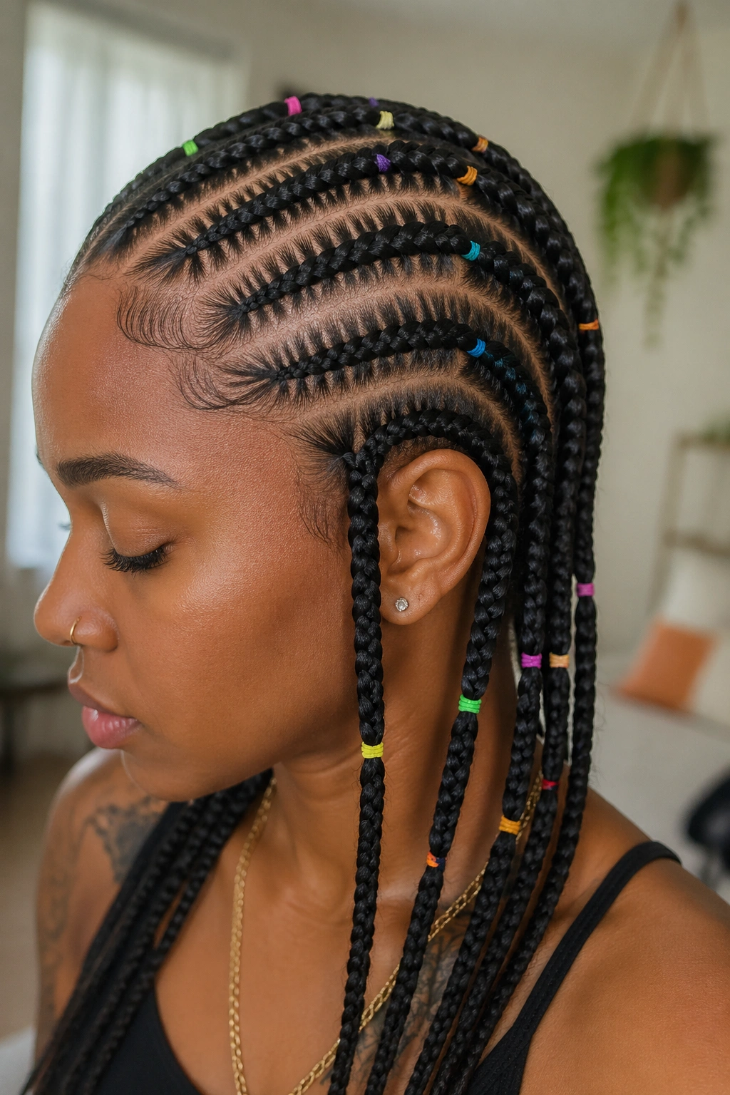 Close-up of a real person with eight cornrows and rubber band accents.