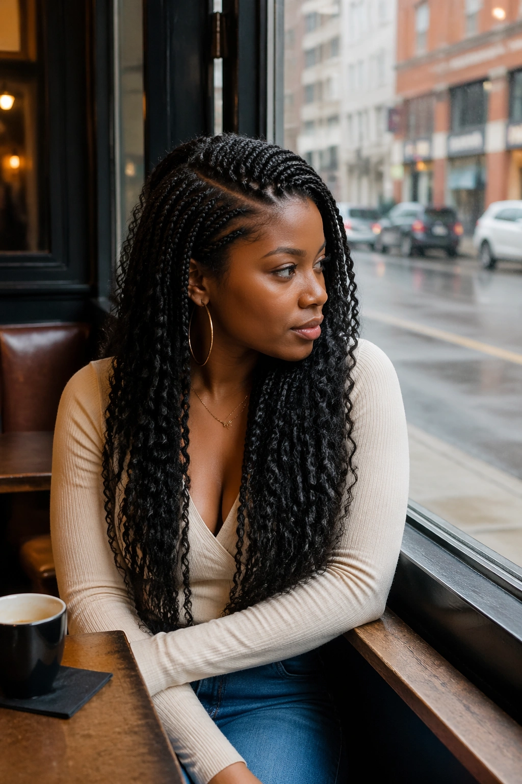 Wide shot of micro braids with a deep side part by a cafe window.