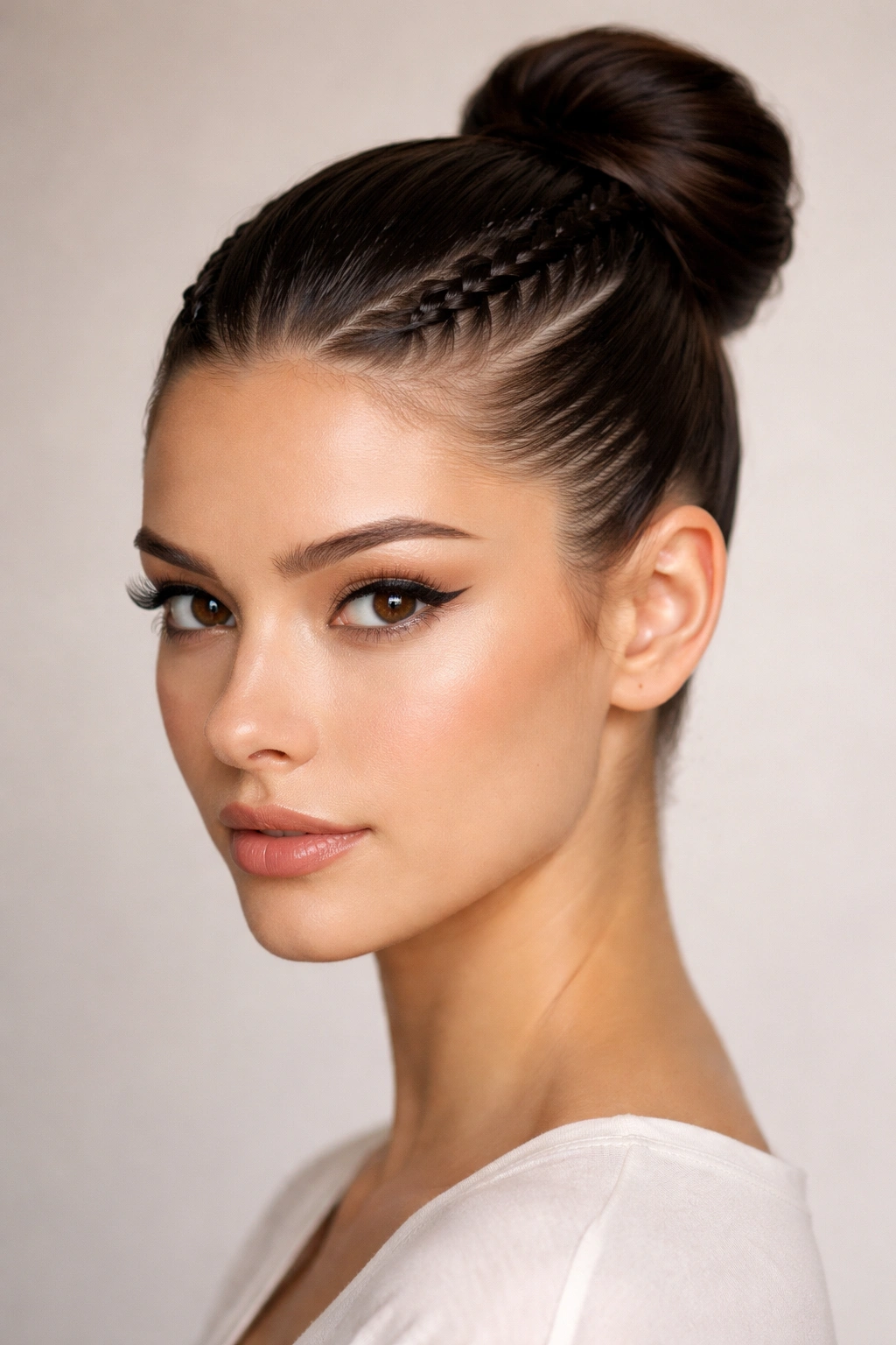 Close-up of two French braids framing the scalp leading to a high, sleek ponytail.