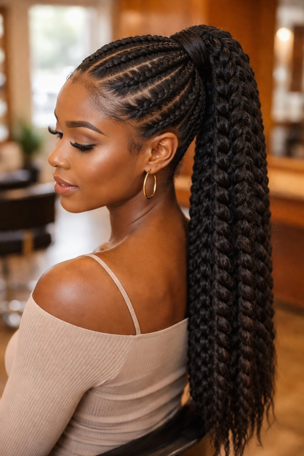 Close-up of braided ponytail on thick Afro hair with cornrow base and long extension ponytail