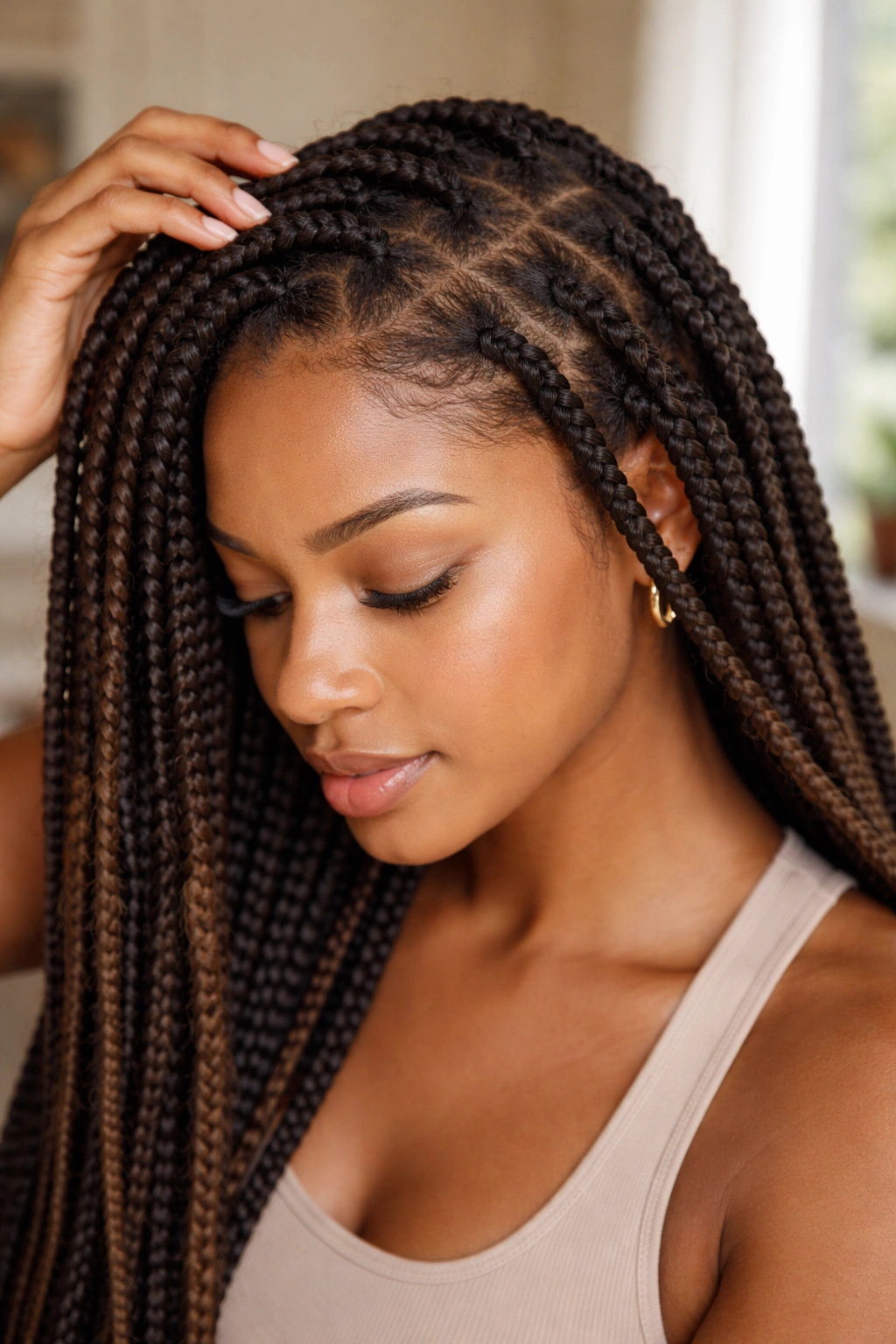 Portrait of thick-haired person with braids showing roots and growth