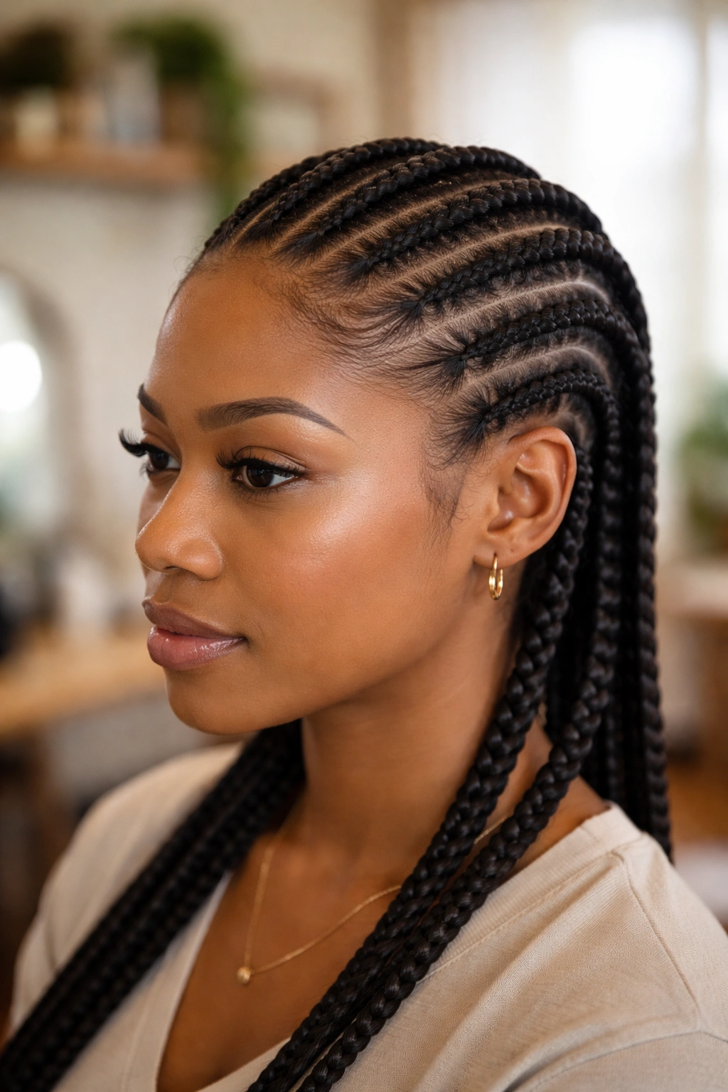 Close-up of a real person with straight back cornrows showing balanced root tightness.