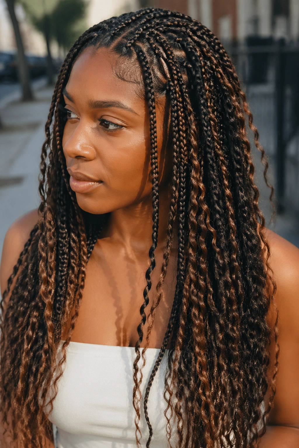 Close-up of a real woman with mixed braid-and-twist boho braids.