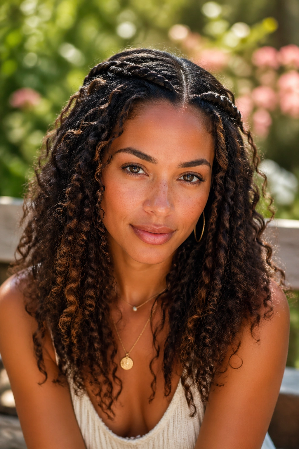 Real person with front flat twist and free curling hair in a sunlit setting