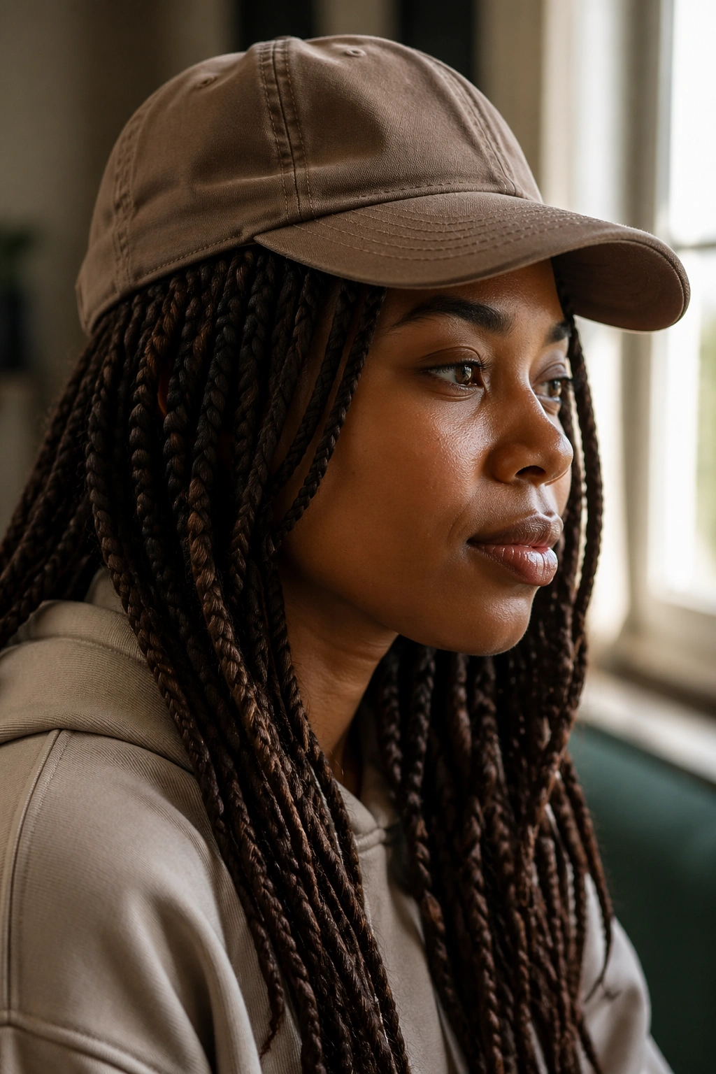 Real person with braids, twists, or locs under a baseball cap with extra crown room
