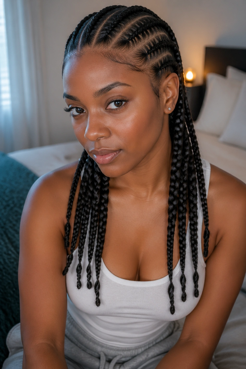 Close-up of a real person with eight braids ending in two-strand twists, hair filling the frame.