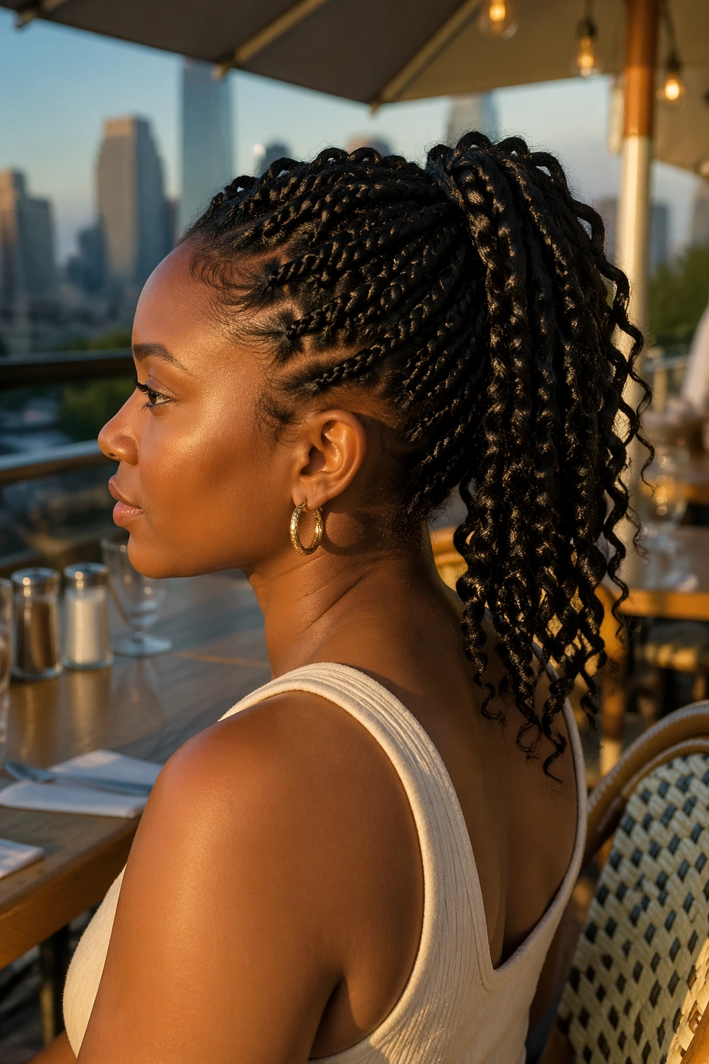 Twist braid updo with curly ponytail ends outdoors at golden hour.