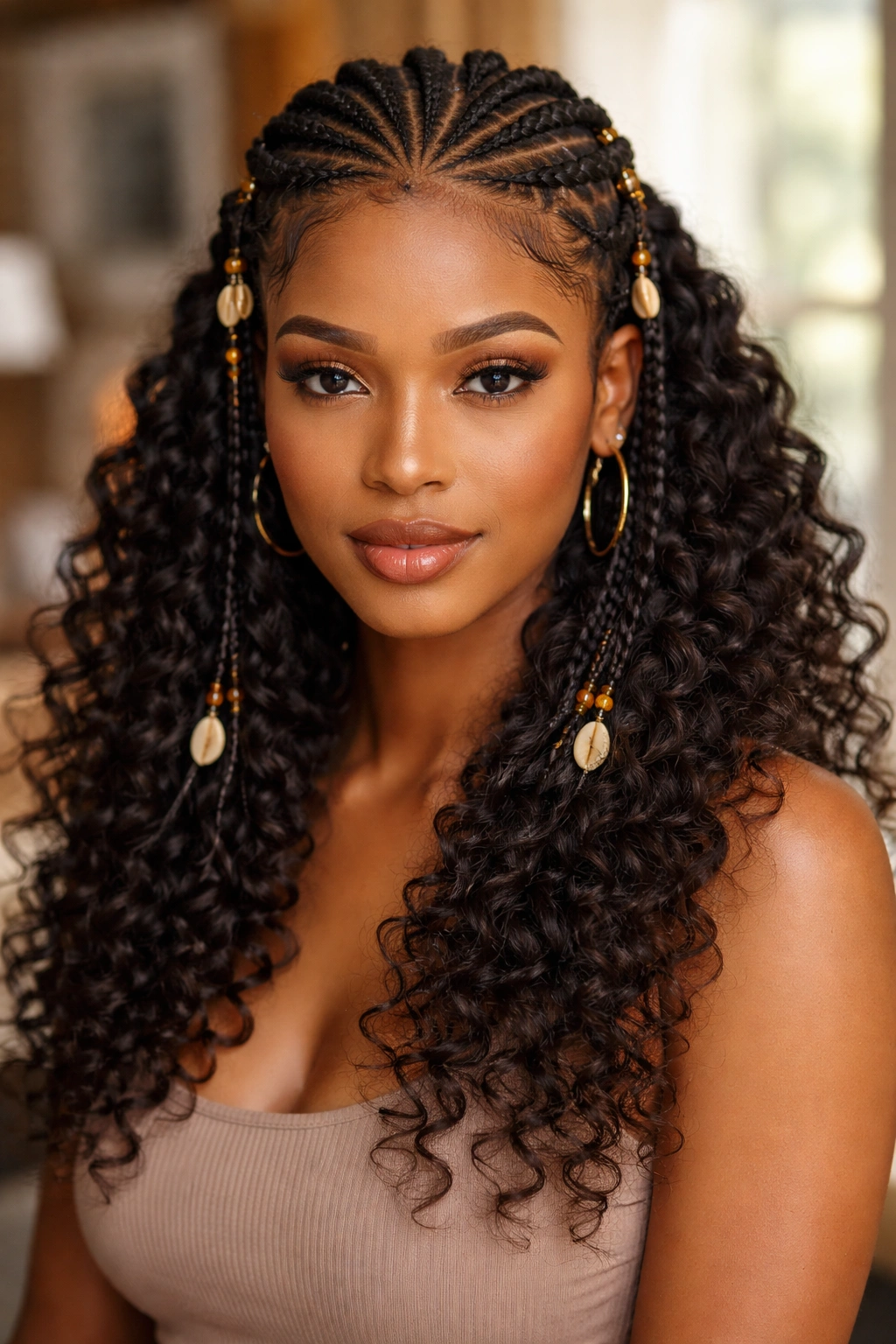 Portrait of a real woman with crown Fulani braids and curly side sections framing the face