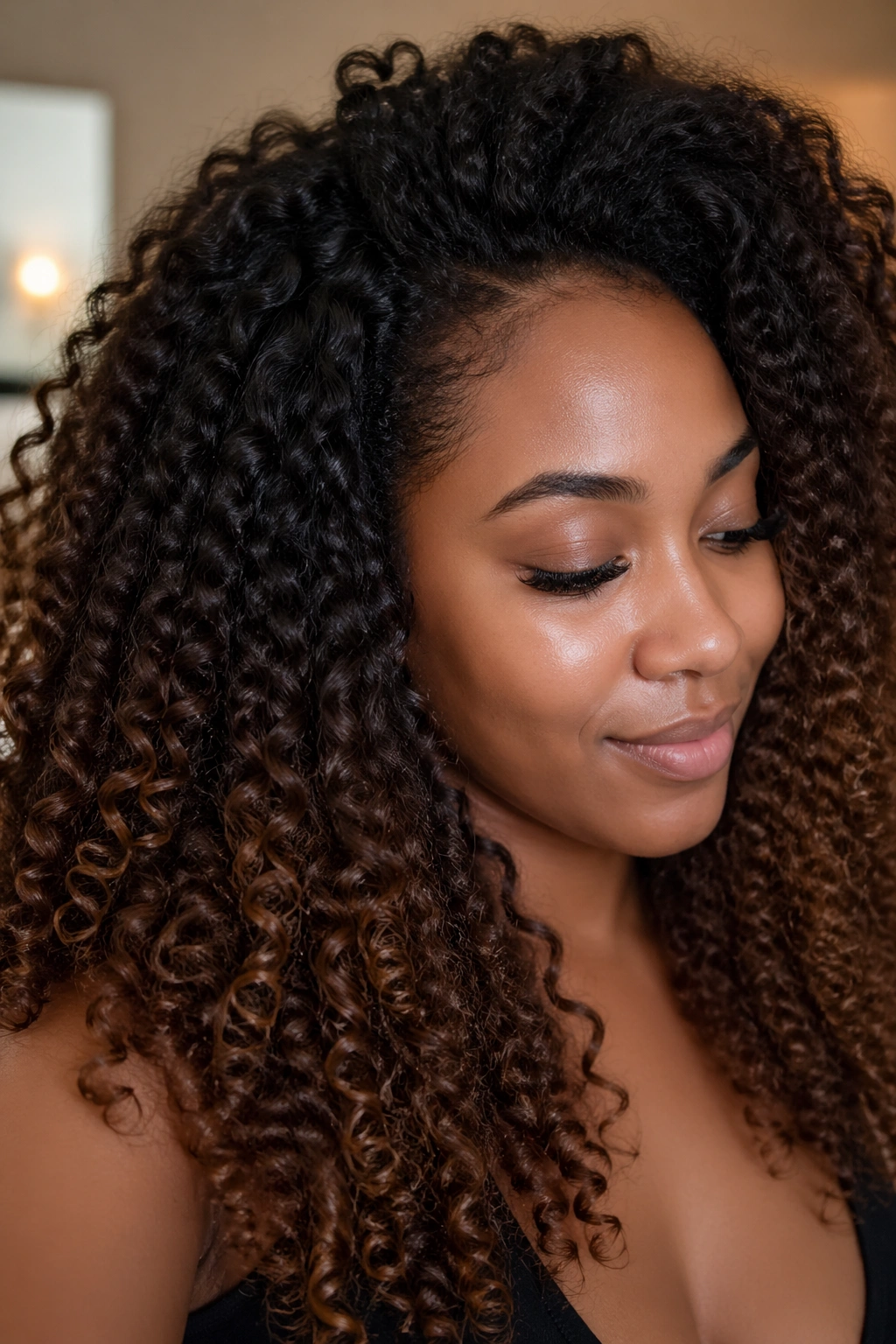 Close-up of dark brown ombre hair showing protected tones