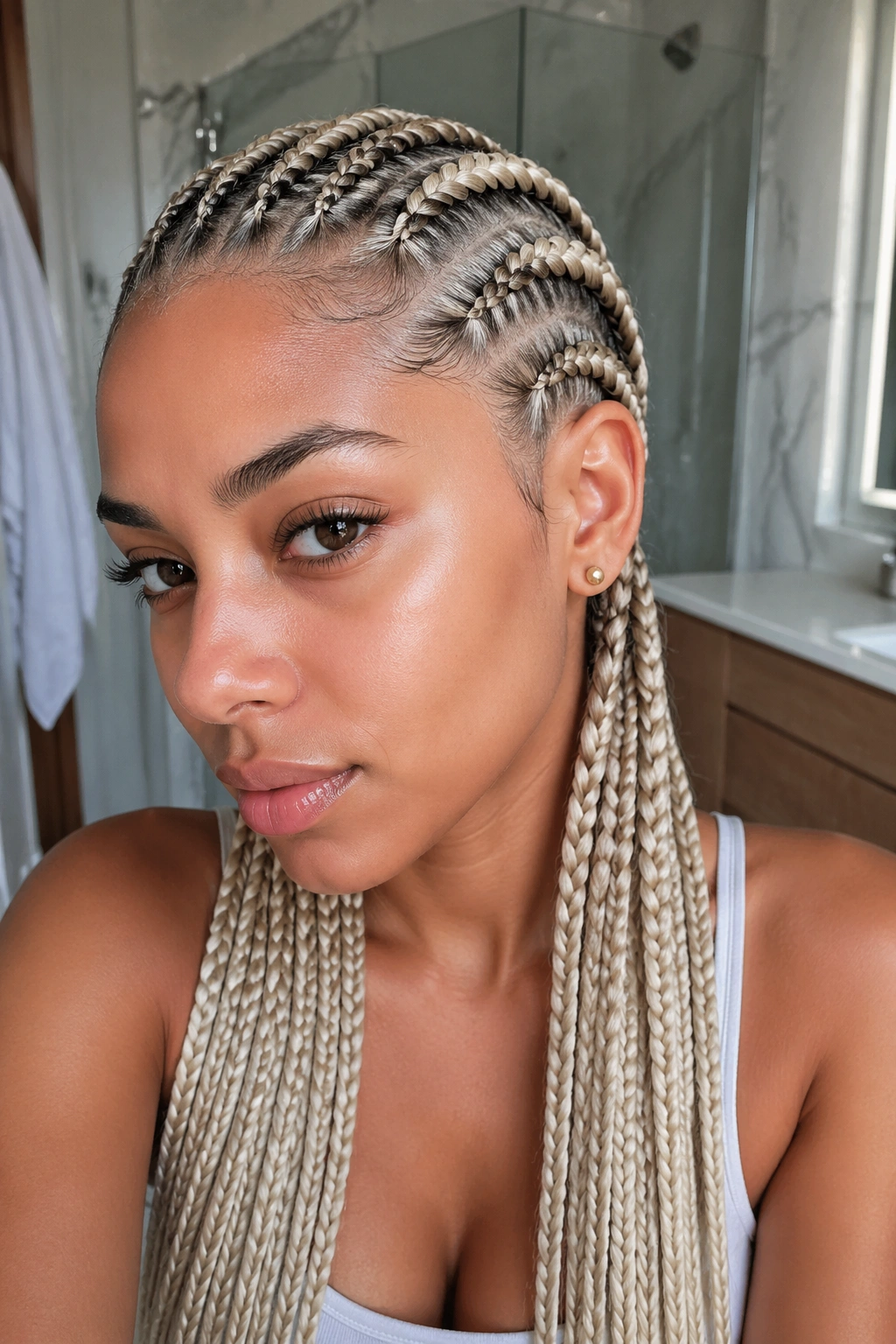 Close-up portrait of a real woman with cool-toned blonde hair to prevent brassiness