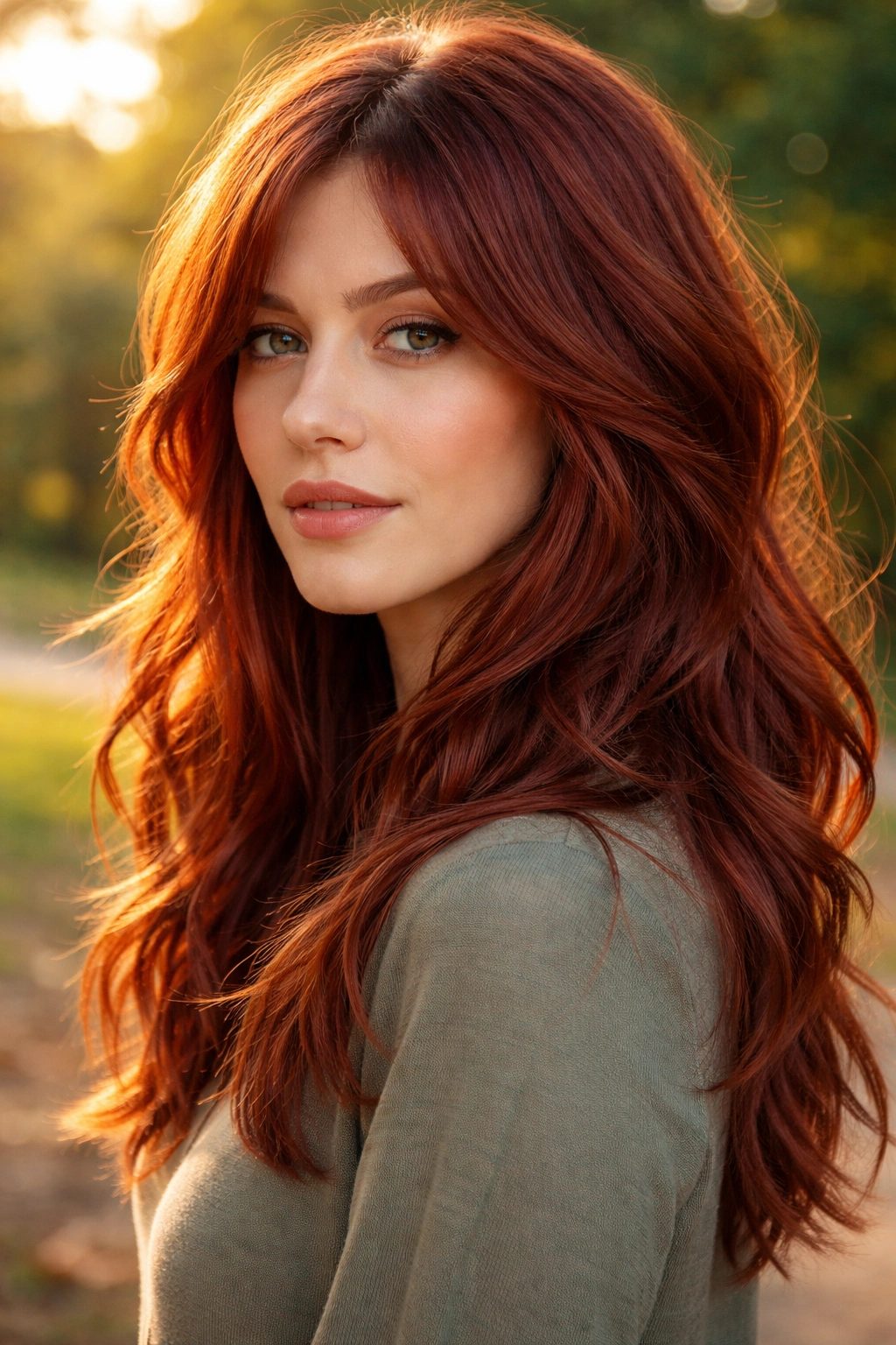 Portrait of a woman with brick-red boho layered hair in an outdoor golden hour setting.