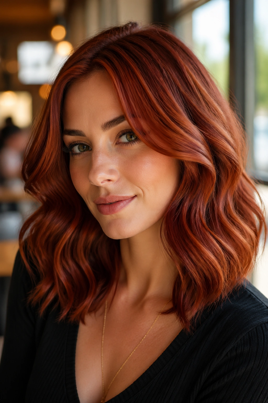 Close-up of brick red soft glam waves on a real person with smooth waves