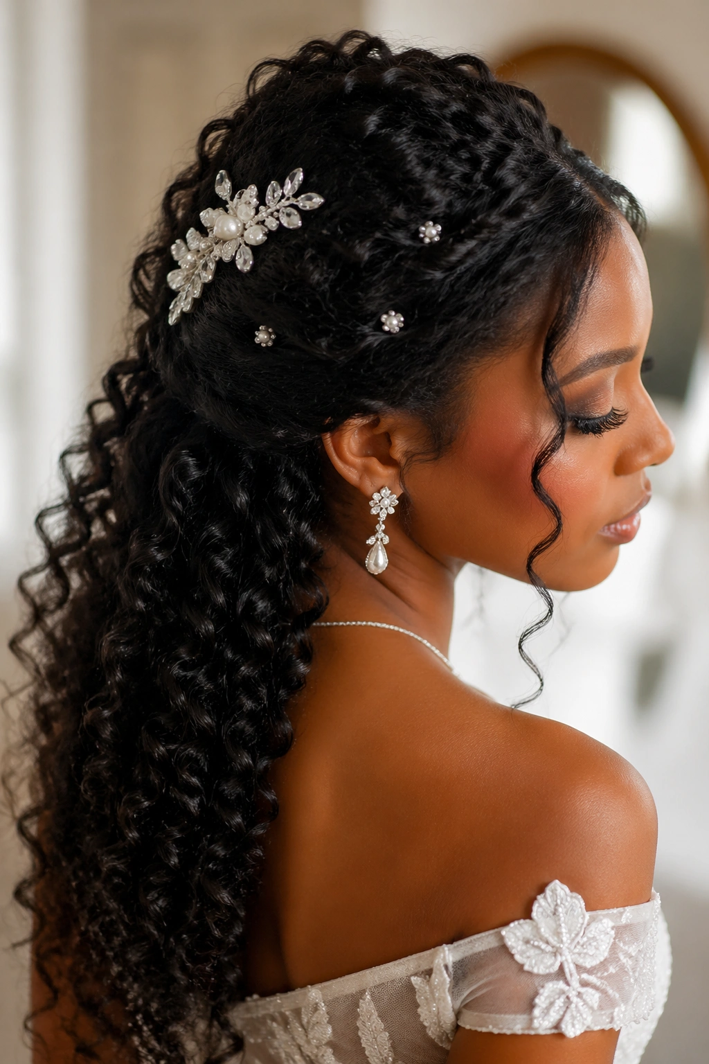 Bride wearing half-up hairstyle with pearl pins and crystal clip