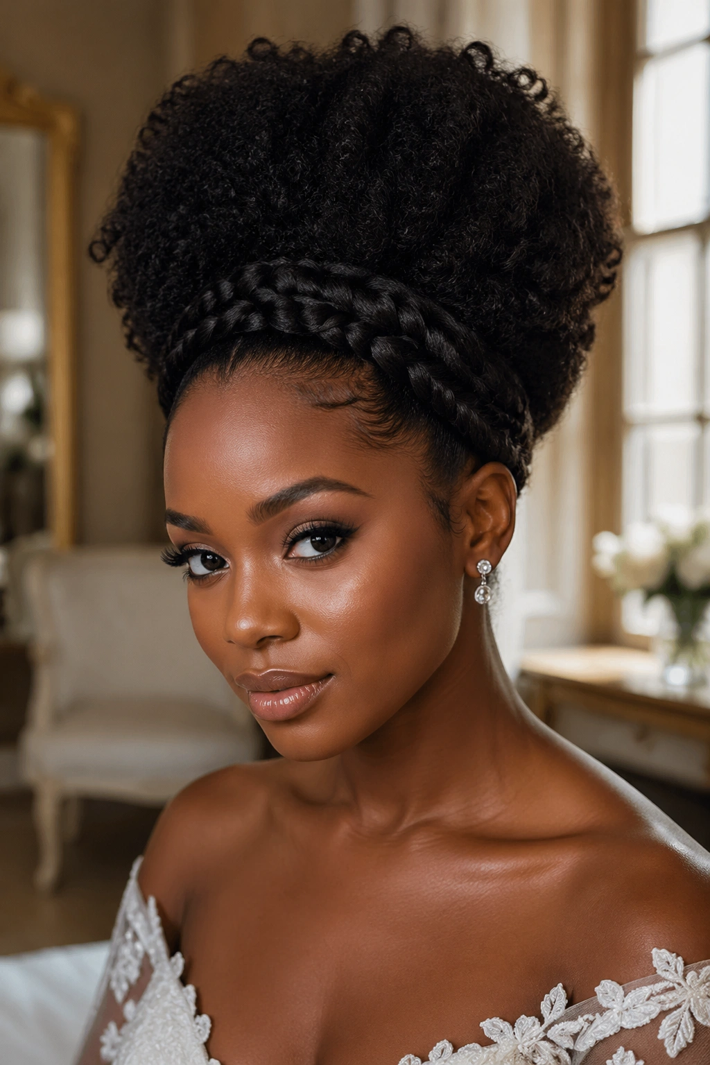Close-up of Bridal Afro Puff With Crown Braids on a real bride.