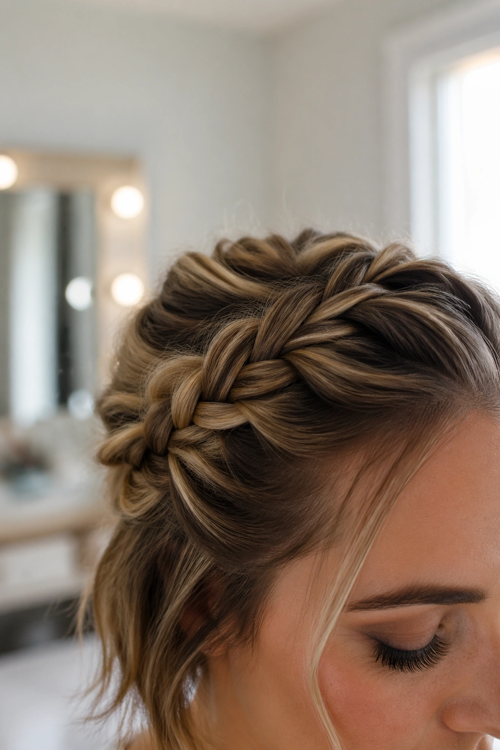 Close-up of a French braid lifting into a soft crown on short hair in a bridal prep room.