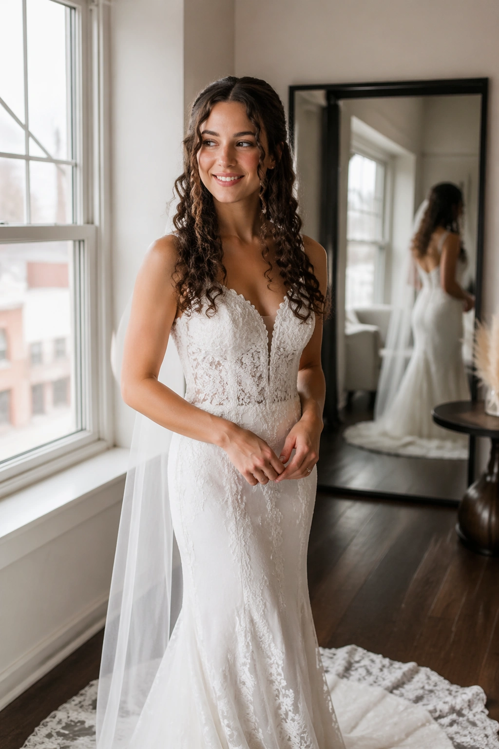 Wide shot of center-parted curls with face-framing pieces