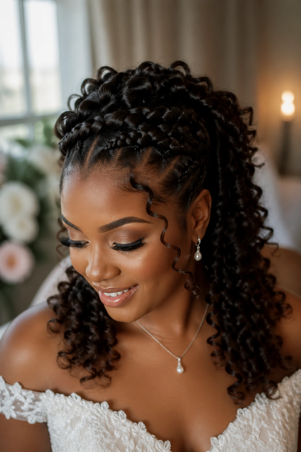 Close-up of a bride with a crown of French cornrows and curls inside the halo