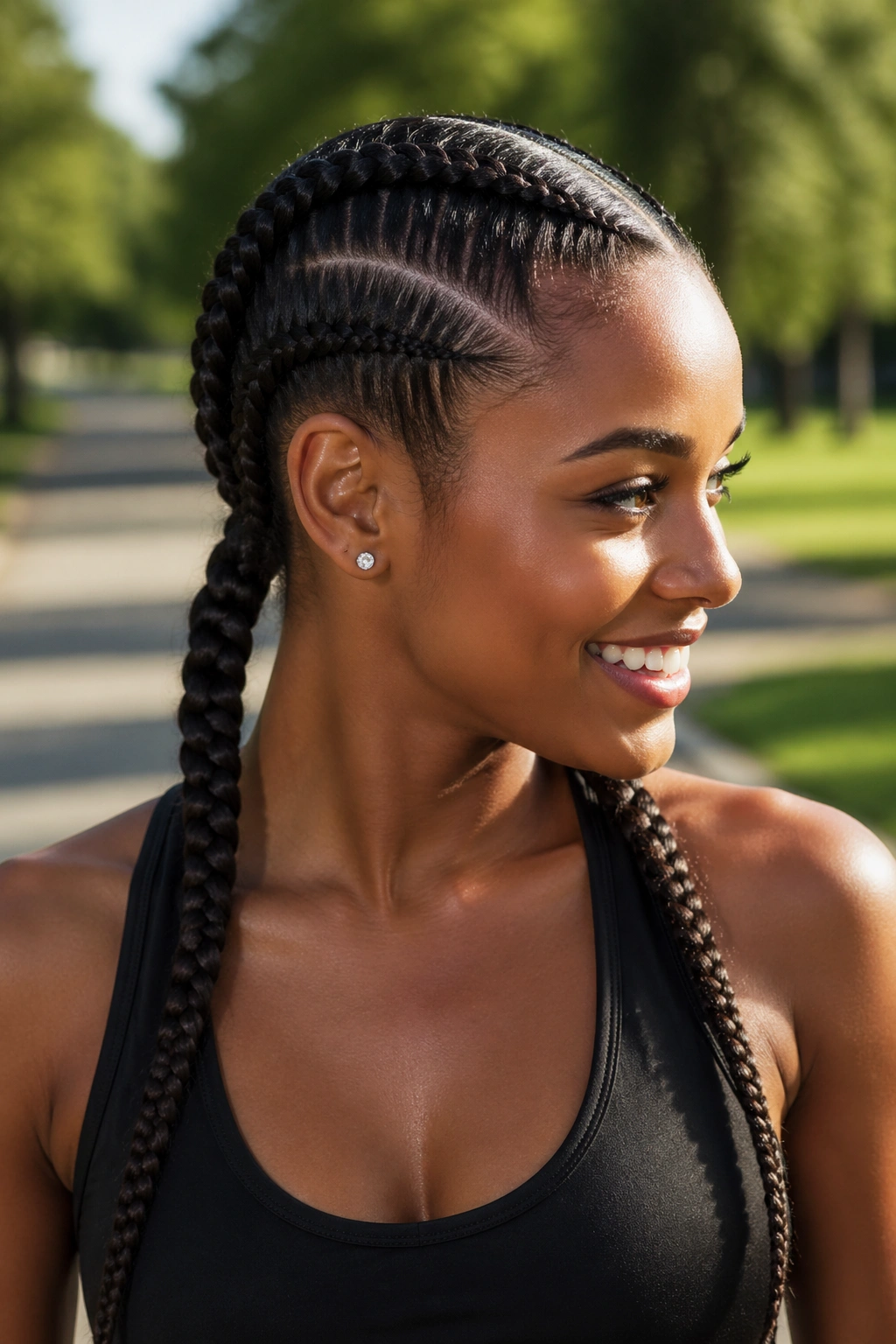 Close-up of two French cornrow pigtails with center part on a real person