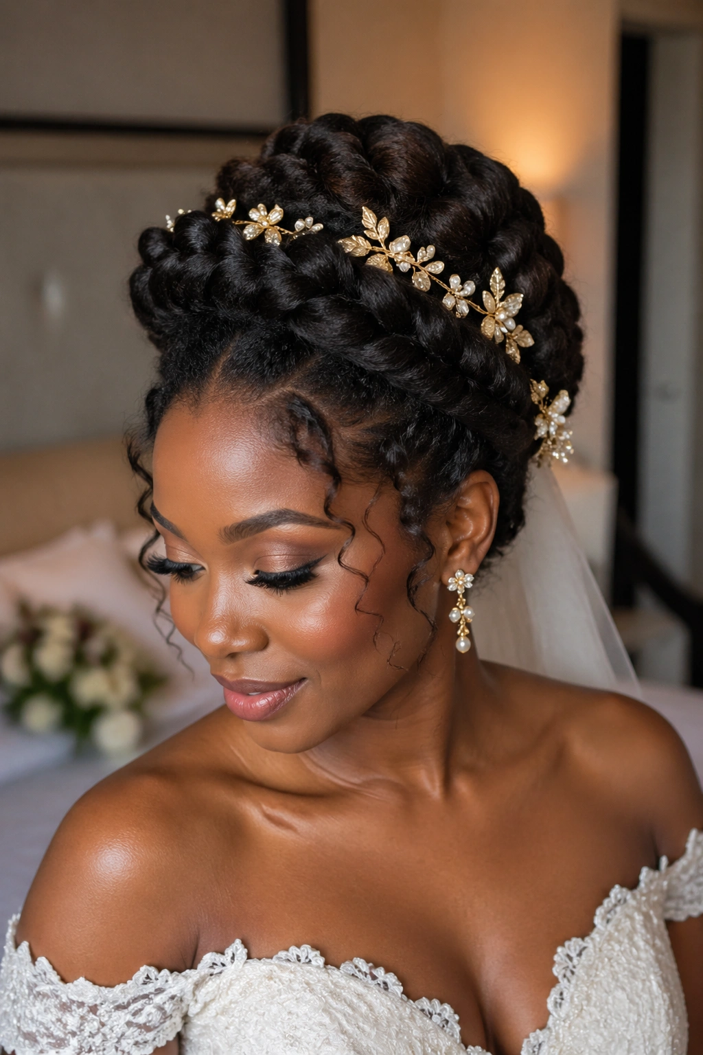 Close-up of real bride wearing crown braid updo with delicate floral accessories.