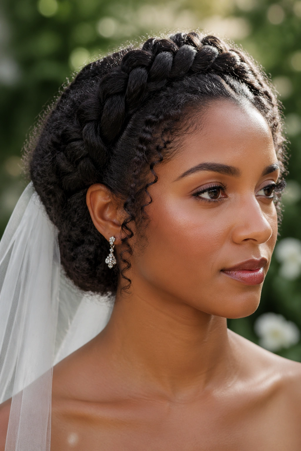 Real person wearing a braided crown bridal hairstyle