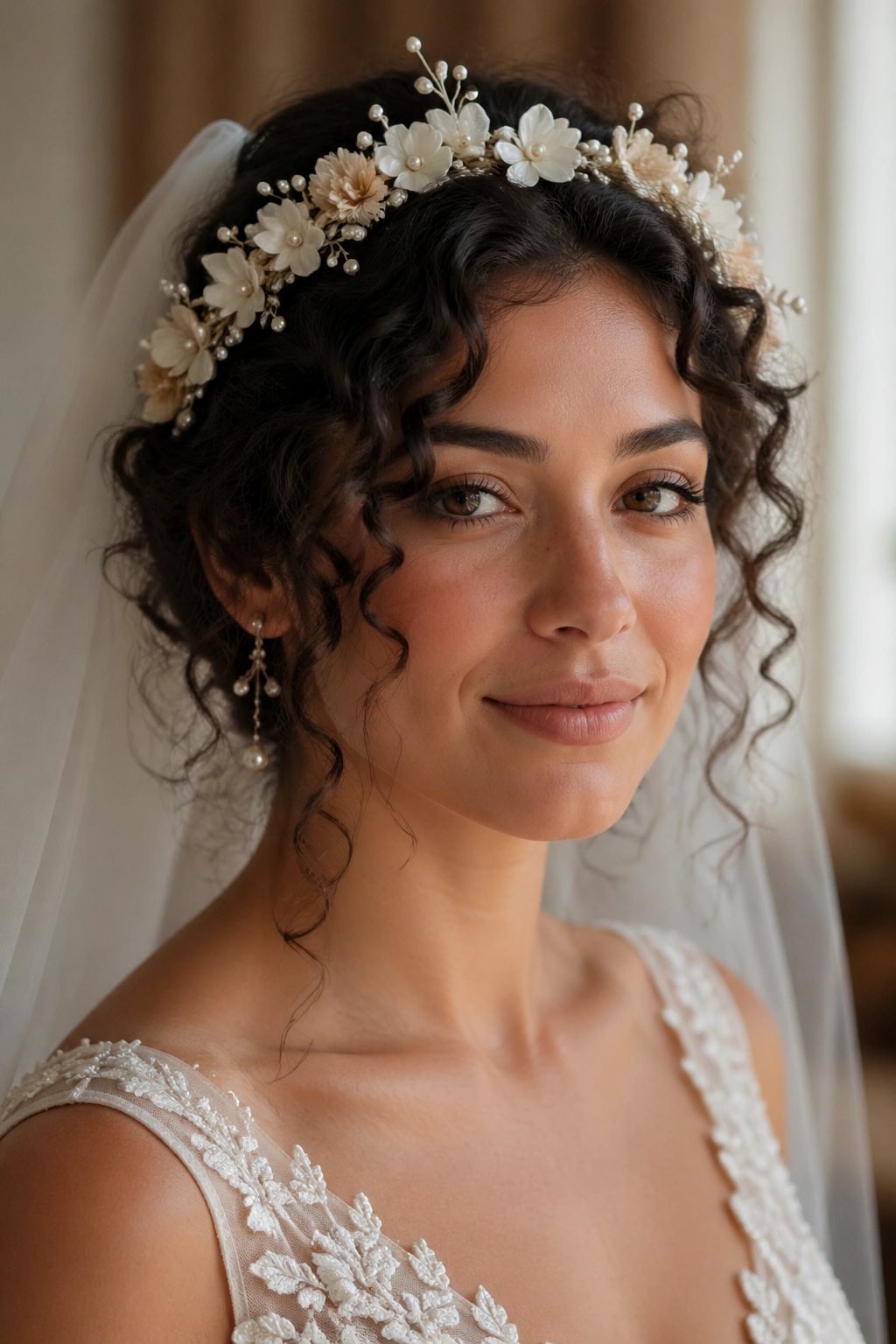 Bride wearing a pearl and petal floral crown with curly hair