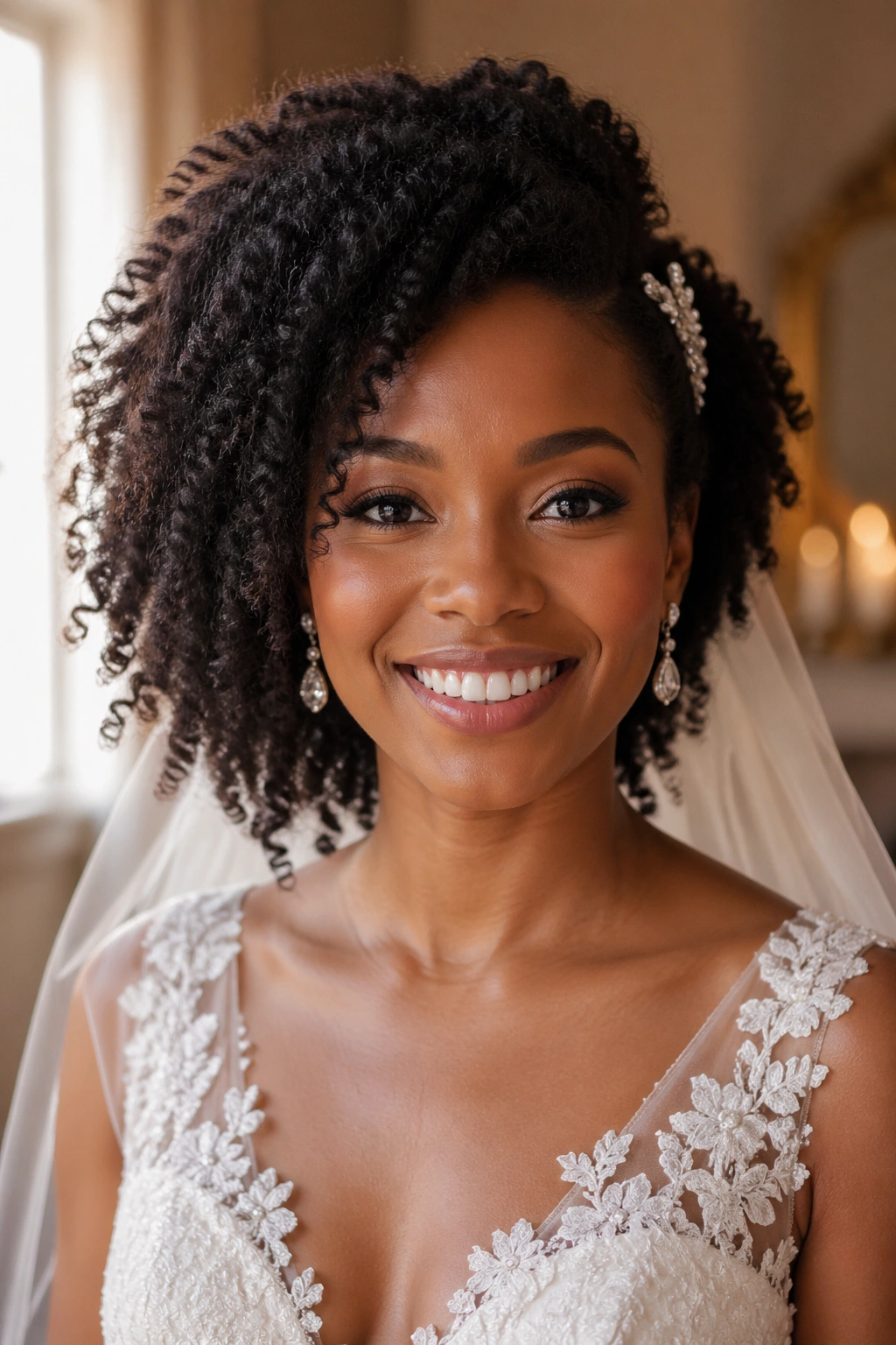 Close-up portrait of a bride with natural curls in a wedding setting