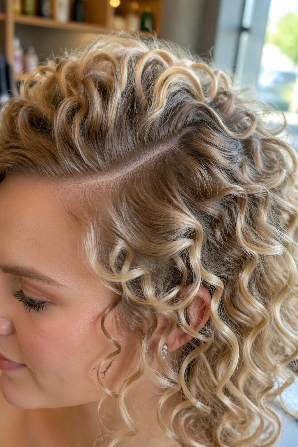 Close-up of side-parted curly ringlets with lifted crown for a wedding