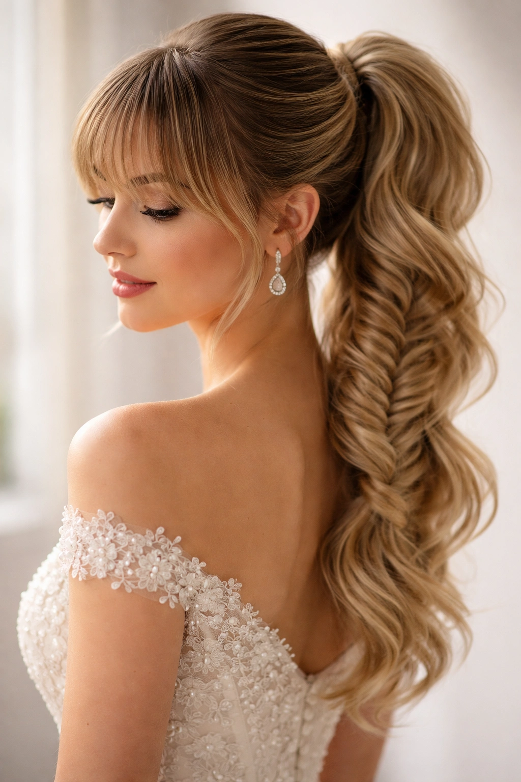 Close-up of bridal fishtail ponytail with soft fringe and elegant finish.