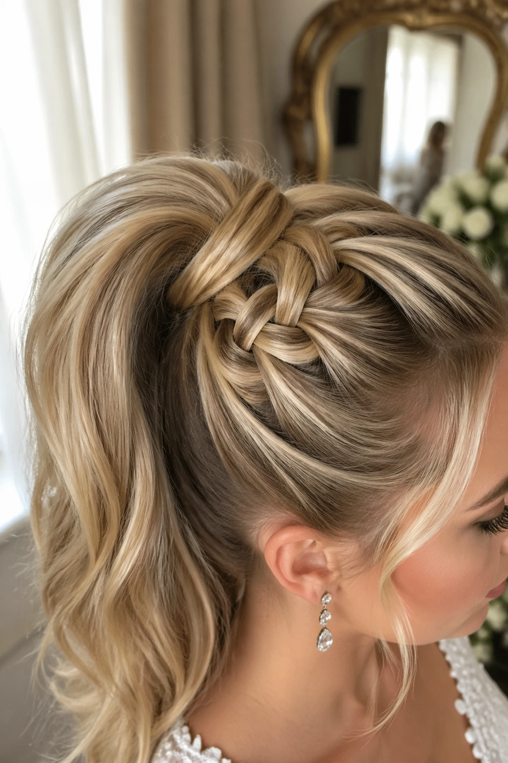 Close-up crown braid with high ponytail on a bride.