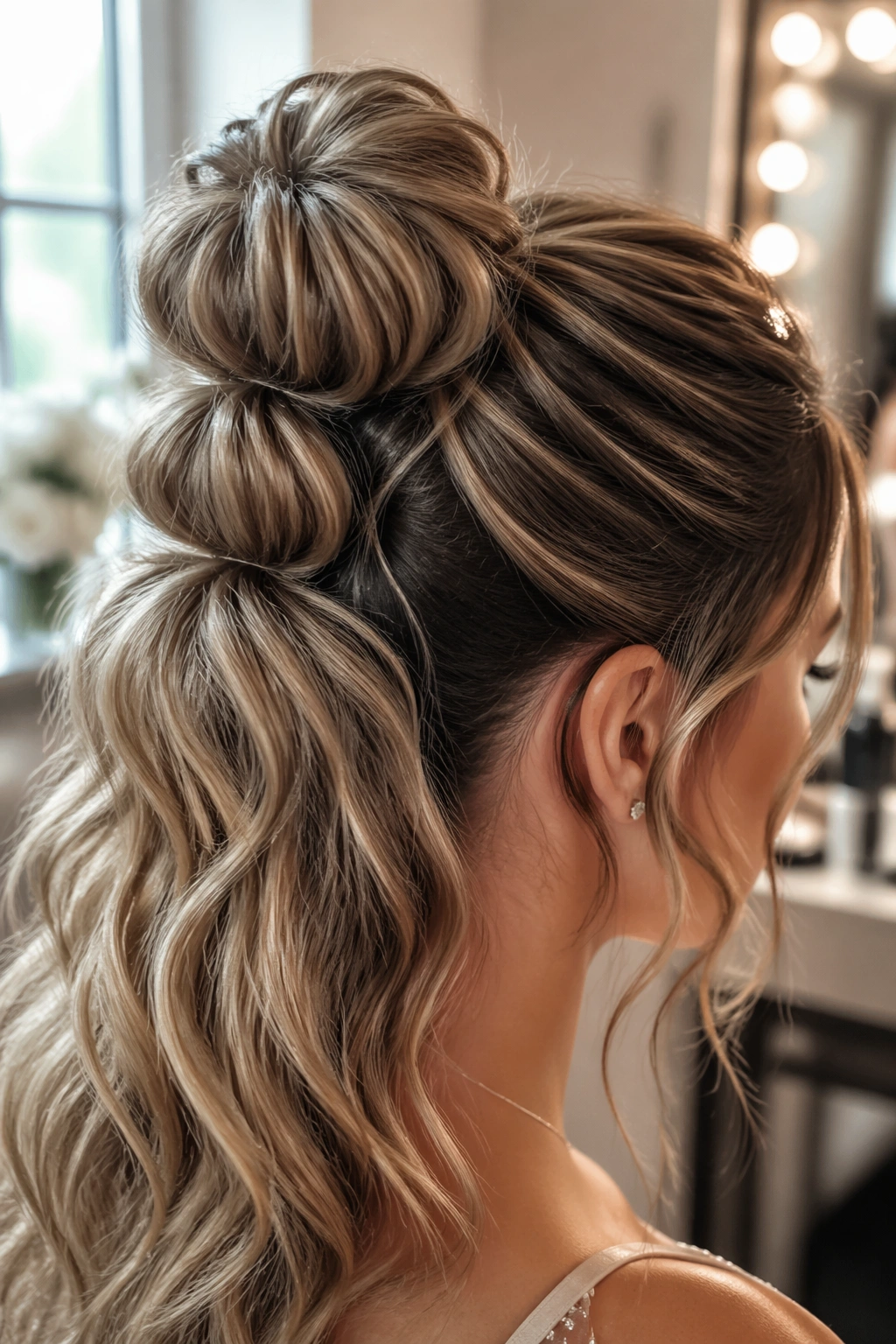 Close-up of a Bubble Pony Half Bun with bubble sections in bridal hair.