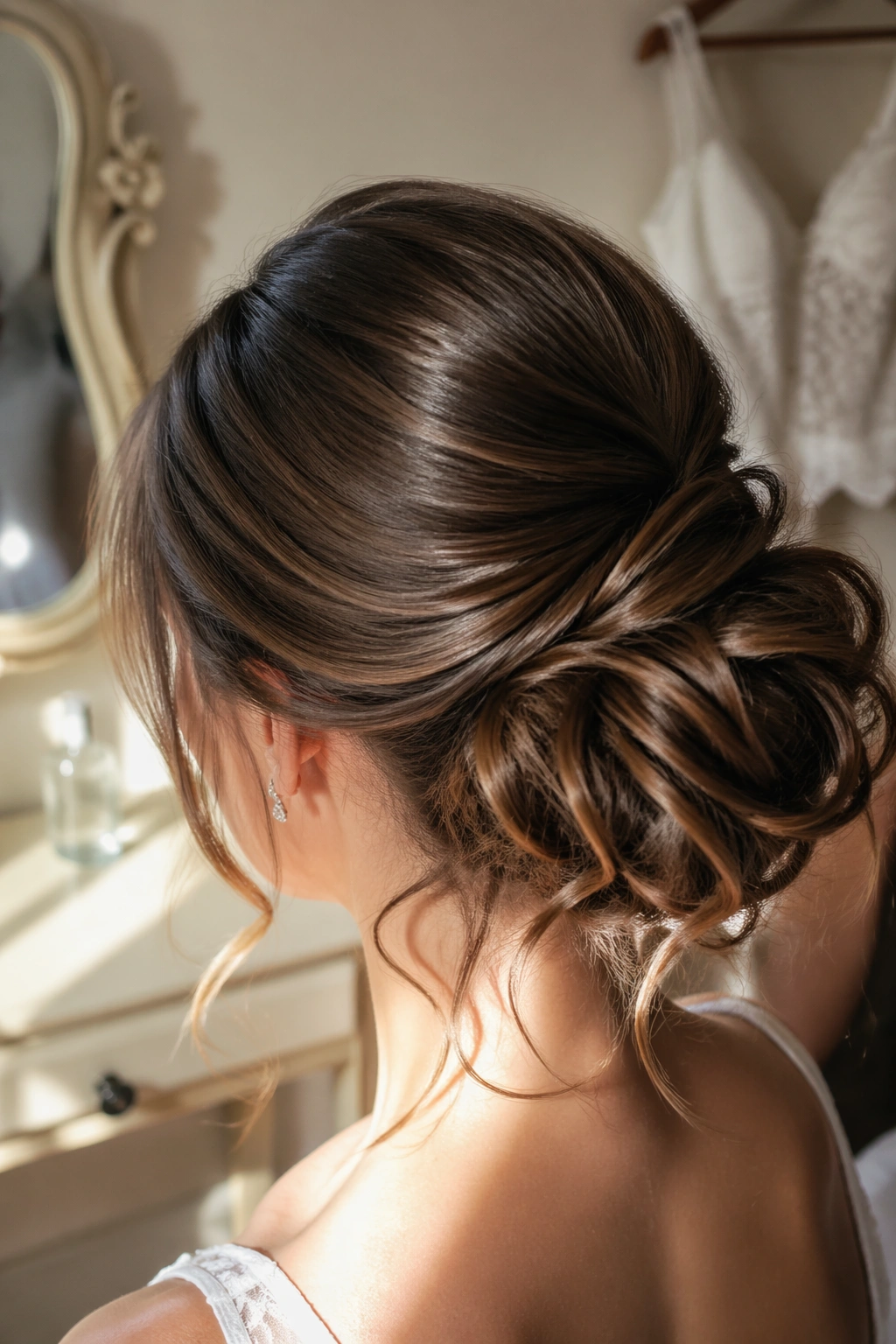 Close-up of sleek crown with airy bun for a modern bridal look