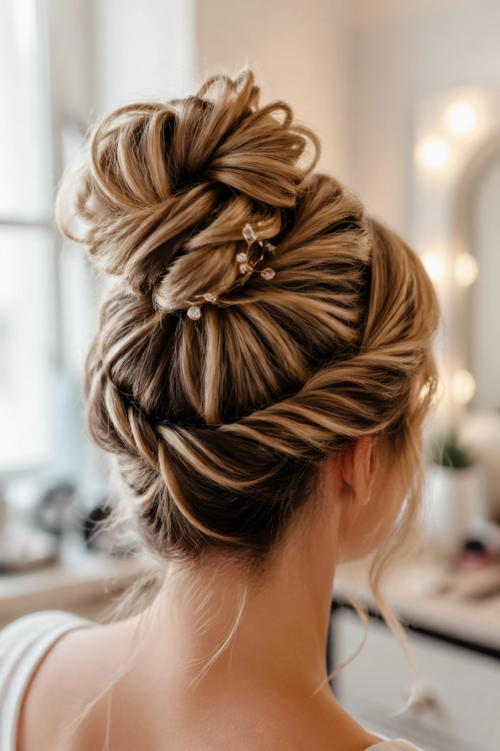 Close-up of a soft crown twist bun on a bridal look