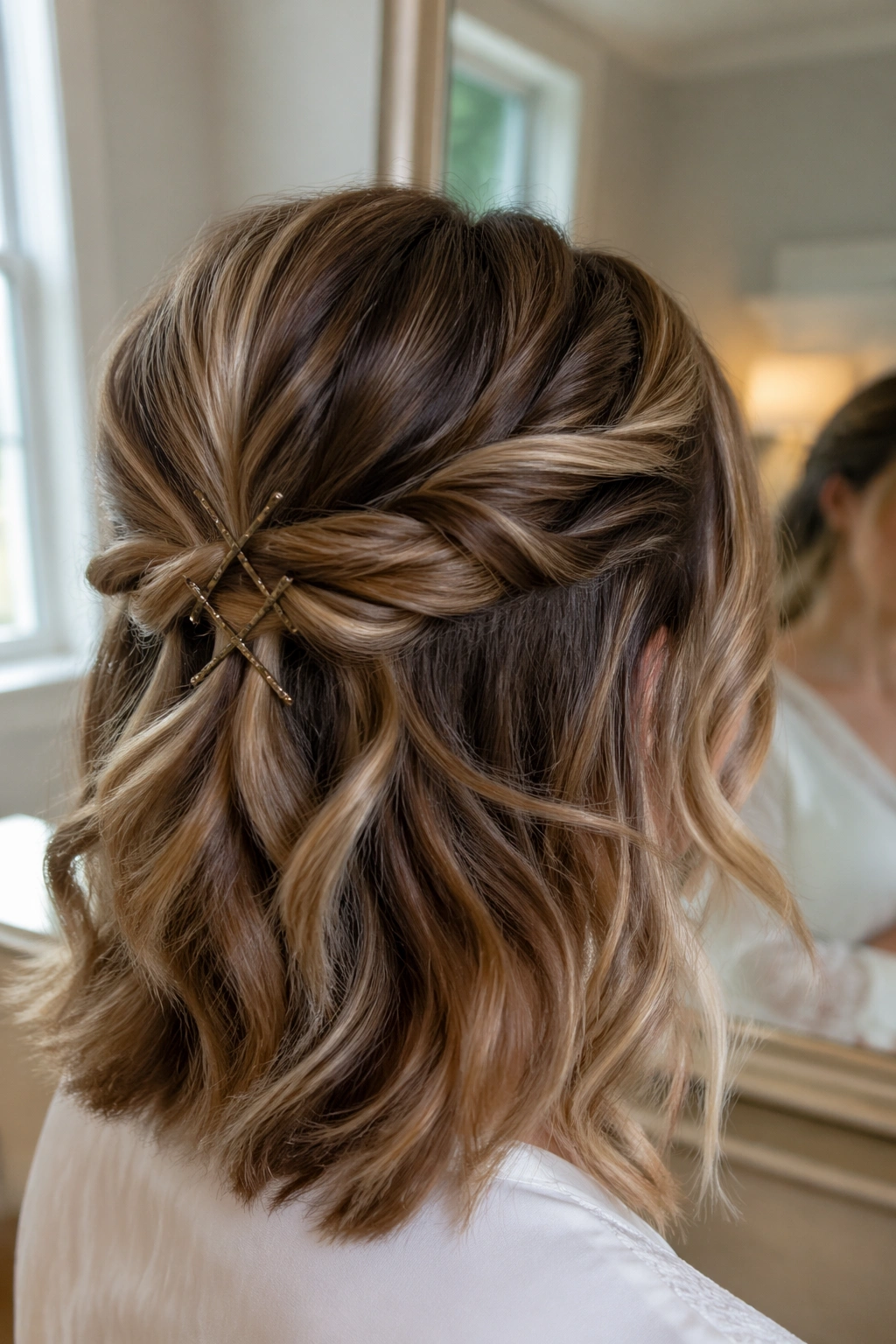 Close-up of crown twists on layered medium bridal hair.