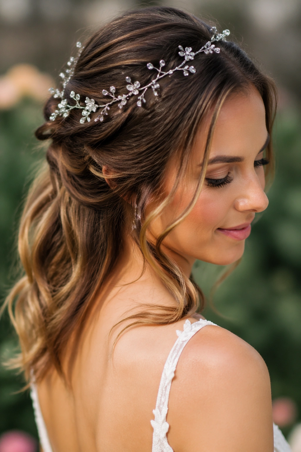 Bride wearing crystal vine half-up hairstyle in garden setting