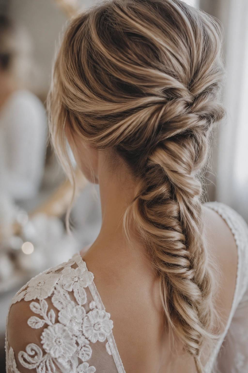 Close-up of soft fishtail braid in low ponytail
