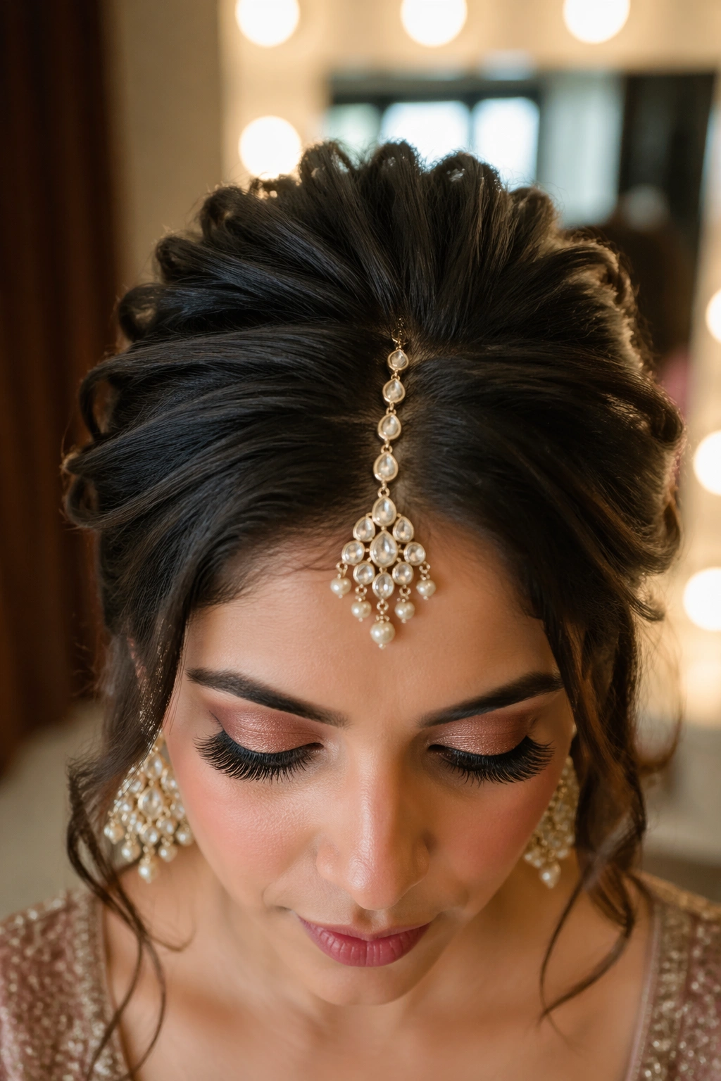 Close-up of open-crown bridal ponytail with maang tikka