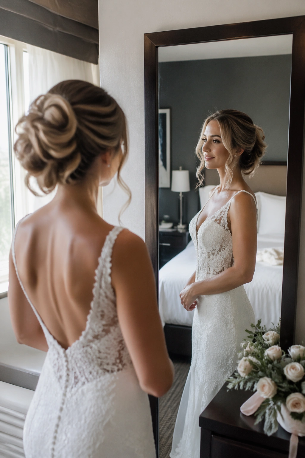 Bride with looped face-framing bun in a sunlit hotel room