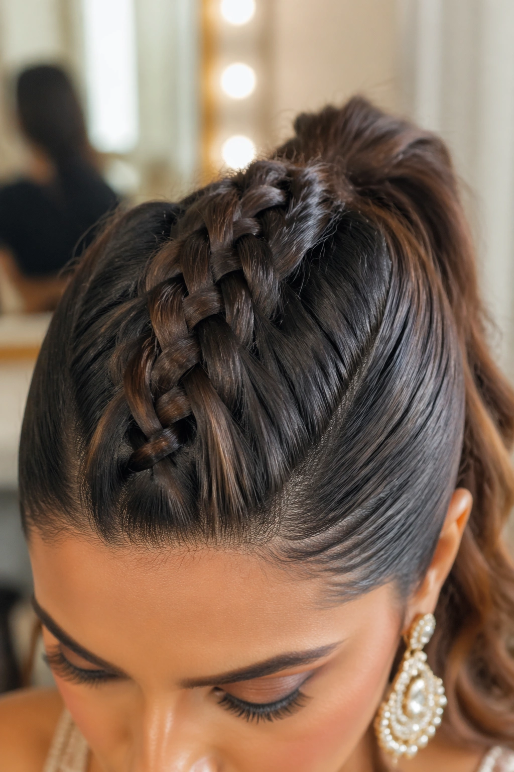 Close-up of braided Mohawk ponytail showing center braid and smooth sides